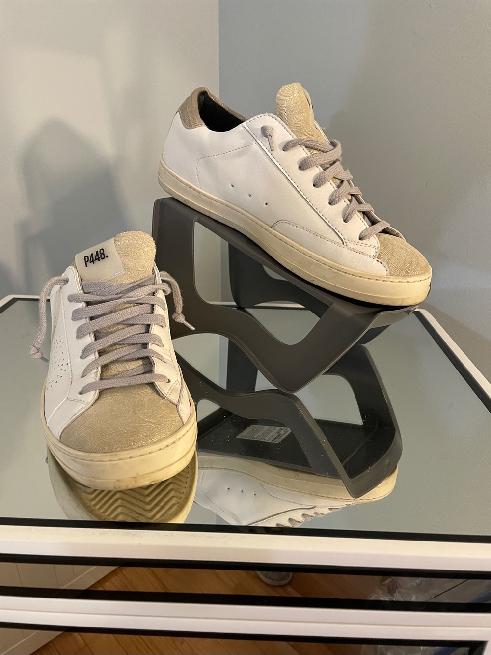 P448 White Leather Sneakers with gold metallic Suede Accents 41